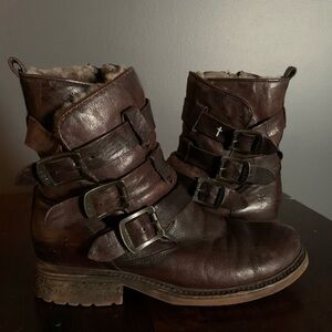 Frye Leather Buckle Boots Valerie Strappy Shearling Leather